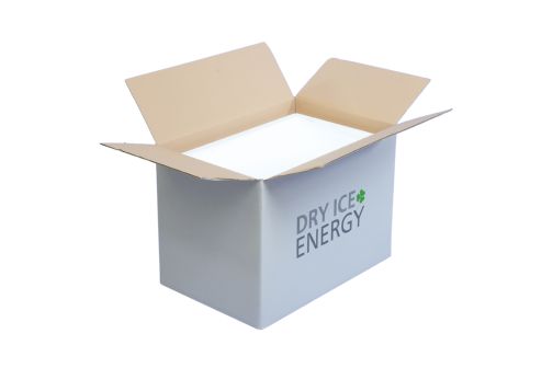 Kartonbox mit Trockeneis Pellets von Dry Ice Energy